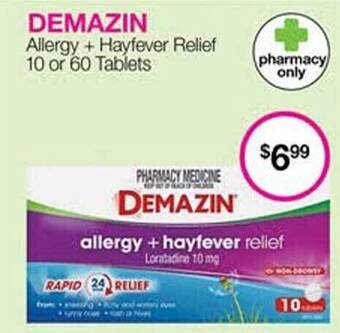 Priceline Demazin allergy + hayfever relief 10 or 60 tablets offer