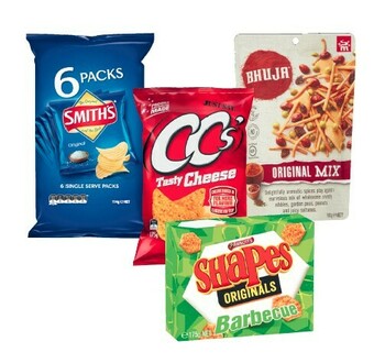 Coles Smith’s Chips 6 Pack 114g or Jumpy’s Snacks 5 Pack 90g, CC’s Corn Chips 175g, Majans Bhuja 140g-180g or Arnott’s Shapes Crack offer