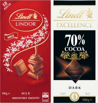 Coles Lindt Excellence or Lindor Block Chocolate 80g-100g offer