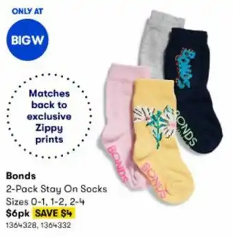 BIG W Bonds 2-Pack Stay On Socks Sizes 0-1,1-2,2-4 offer