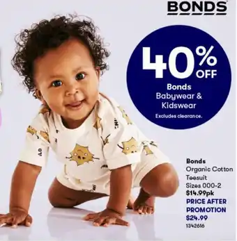BIG W Bonds Organic Cotton Teesuit Sizes 000-2 offer