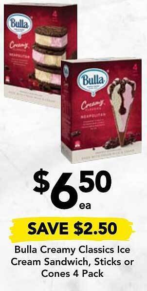 Drakes Bulla creamy classics ice cream sandwich, sticks or cones 4 pack offer