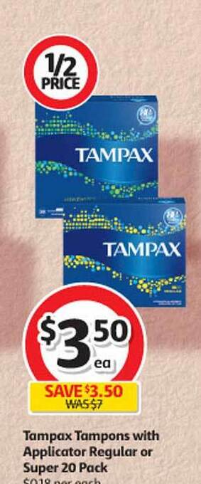 Coles Tampax tampons with applicator regular or super 20 pack offer