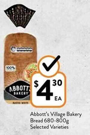 Foodworks Abbott's village bakery bread 680-800g offer