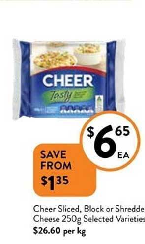 Foodworks Cheer sliced, block or shredded cheese 250g offer