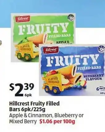 ALDI Hillcrest fruity filled bars 6pk 225g offer