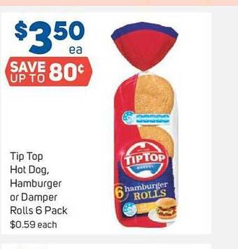 Foodland Tip top hot dog hamburger or damper rolls 6 pack offer