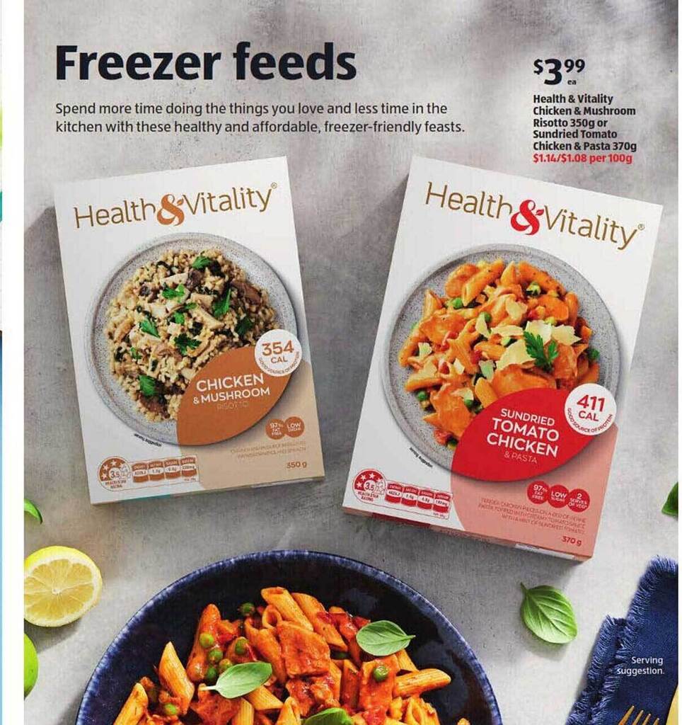 Health & vitality chicken & mushroom risotto or sundried tomato chicken & pasta offer at ALDI