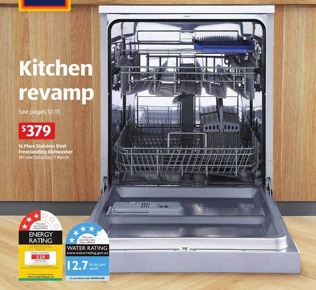 14 place stainless steel freestanding dishwasher offer at ALDI