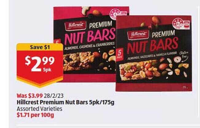 Hillcrest premium nut bars offer at ALDI