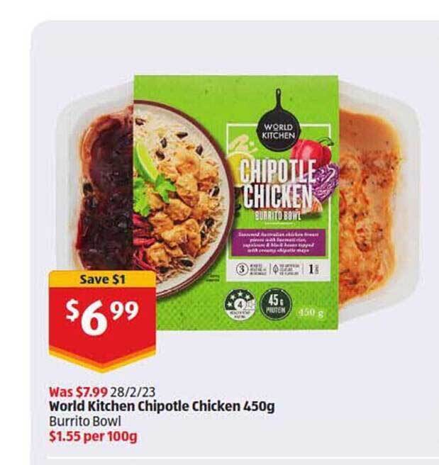 World kitchen chipotle chicken burrito bowl offer at ALDI