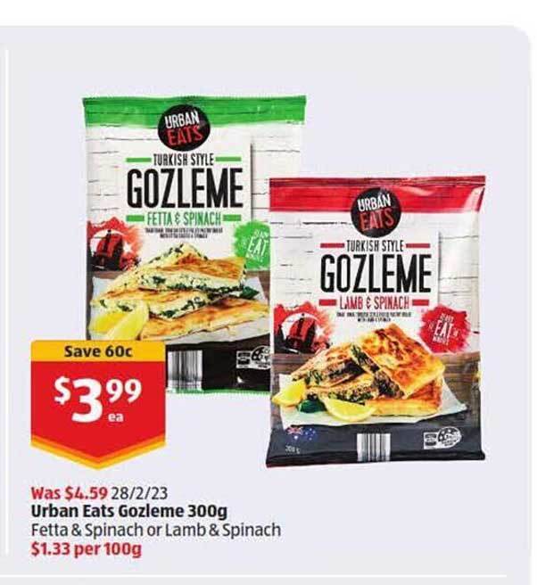 Urban eats gozleme fetta & spinach or lamb & spinach offer at ALDI