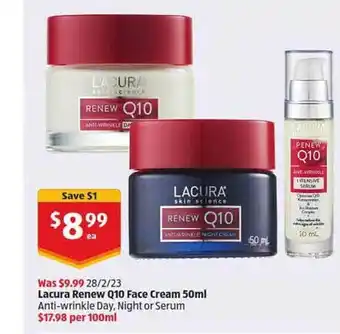 ALDI Lacura renew q10 face cream anti-wrinkle day night or serum offer