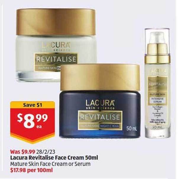 Lacura revitalise face cream mature skin face cream or serum offer at ALDI
