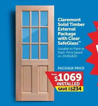 Doors Plus Claremont solid timber external package with clear safe glass offer