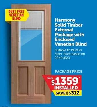 Doors Plus Harmony solid timber external package with enclosed venetian blind offer