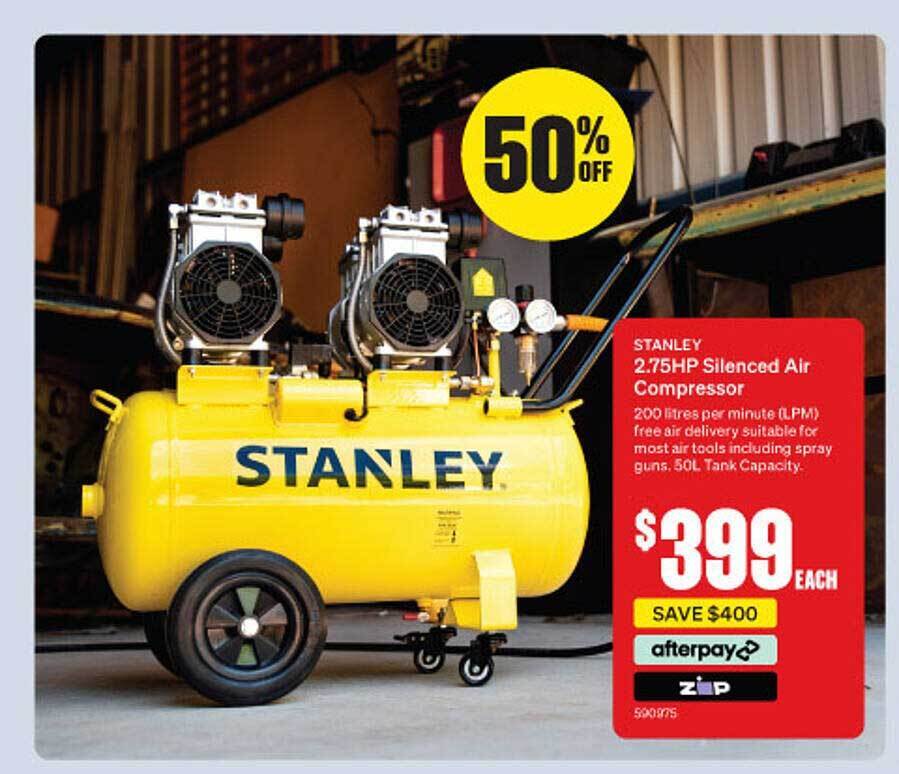 Stanley 2.75hp silenced air compressor offer at SuperCheap Auto