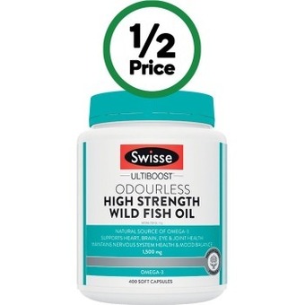 Woolworths Swisse ultiboost odourless high strength wild fish oil capsules pk 400* offer