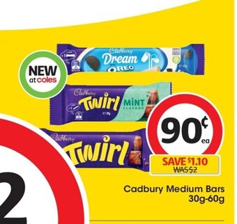 Coles Cadbury Medium Bars 30g-60g offer