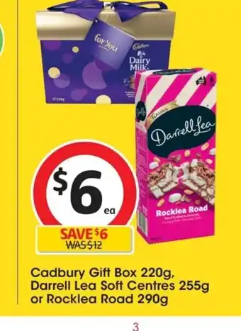 Coles Cadbury Gift Box 220g Darrell Lea Soft Centres 255g or Rocklea Road 290g offer