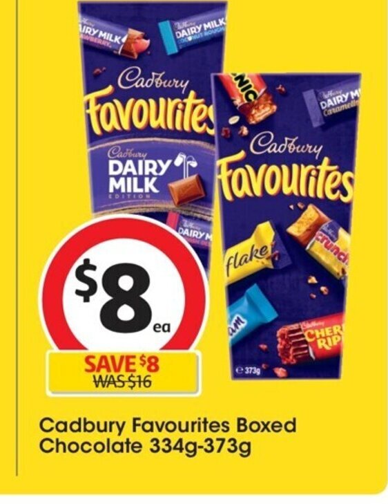 Cadbury Favourites Chocolate 334g373g offer at Coles