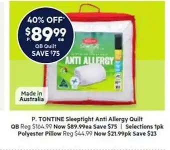 Harris Scarfe Tontine sleeptight anti allergy quilt, selections 1pk polyester pillow offer