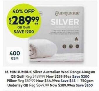 Harris Scarfe Minijumbuk silver australian wool range 400gsm offer