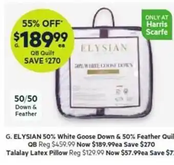 Harris Scarfe Elysian 50% white goose down & 50% feather quilt, talalay latex pillow offer