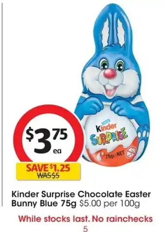 Coles Kinder Surprise Chocolate Easter Bunny Blue 75g offer