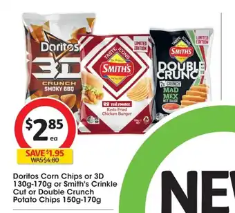 Coles Doritos Corn Chips or 3D 130g-170g or Smith's Crinkle Cut or Double Crunch Potato Chips 150g-170g offer