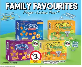 Coles Cheezels or Jumpy's Friends Crackers 135g-140g offer