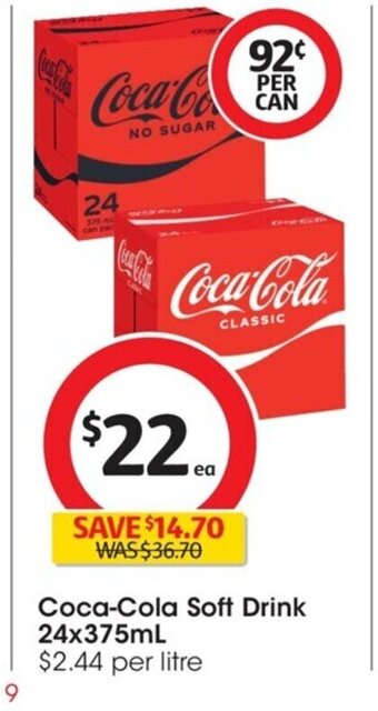Coles Coca-Cola Soft Drink 24x375 ml. offer