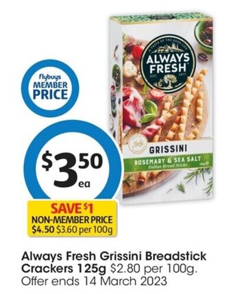 Coles Always Fresh Grissini Breadstick Crackers 125g offer