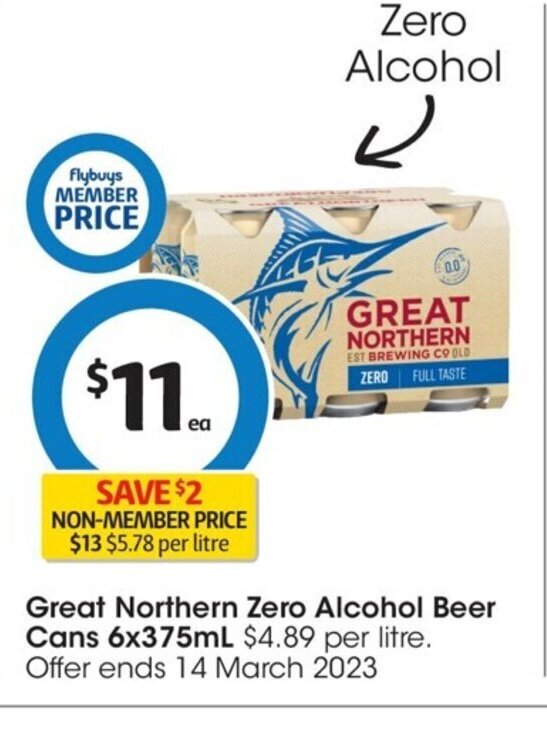 Great Northern Zero Alcohol Beer Cans 6x 375 ml offer at Coles