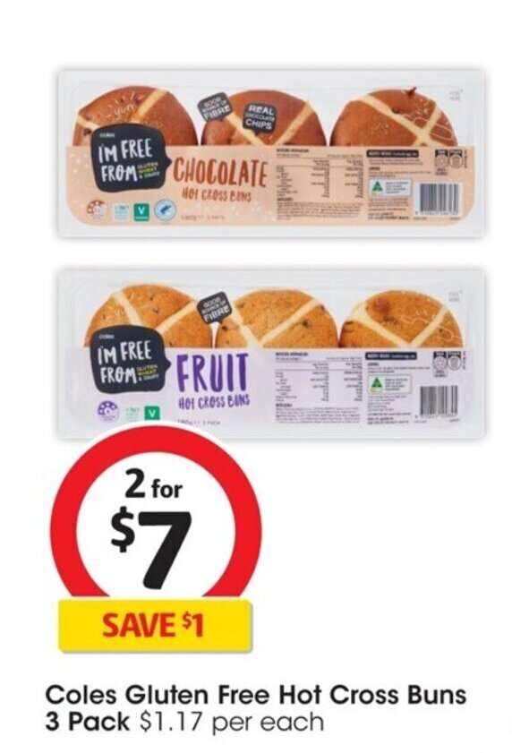 Coles Gluten Free Hot Cross Buns 3 pack offer at Coles