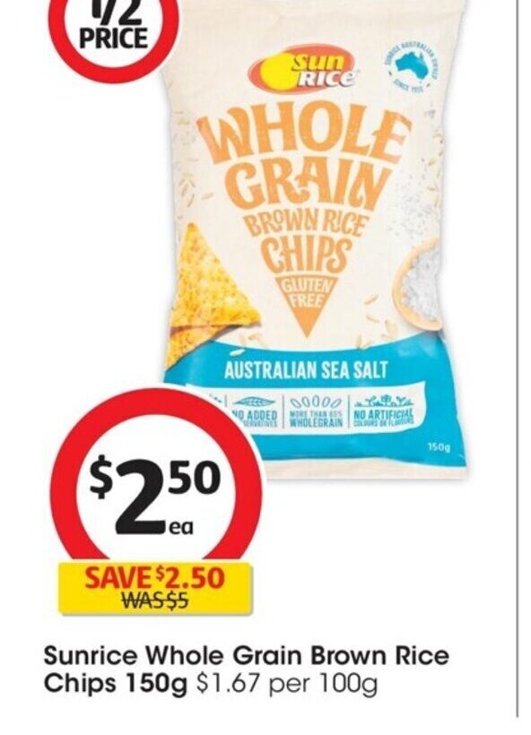 Sunrice Whole Grain Brown Rice Chips 150g offer at Coles