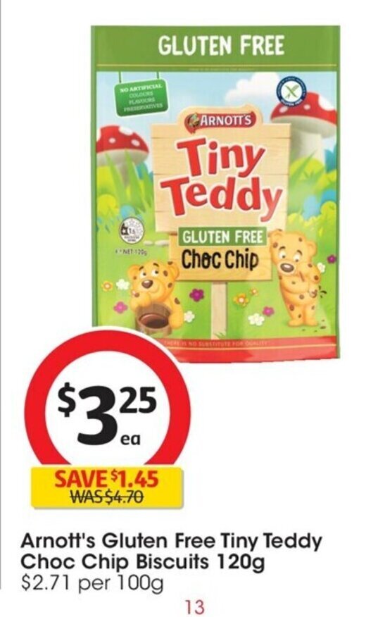 Arnott's Gluten Free Tiny Teddy Choc Chip Biscuits 120g offer at Coles