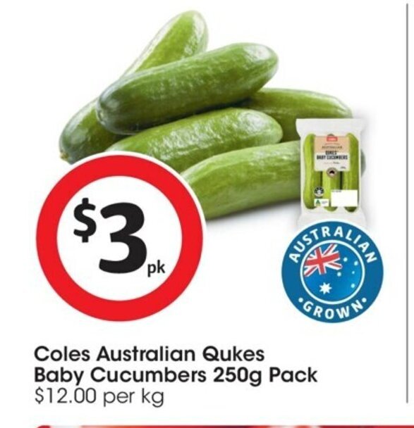 Coles Australian Qukes Baby Cucumbers 250g Pack offer at Coles