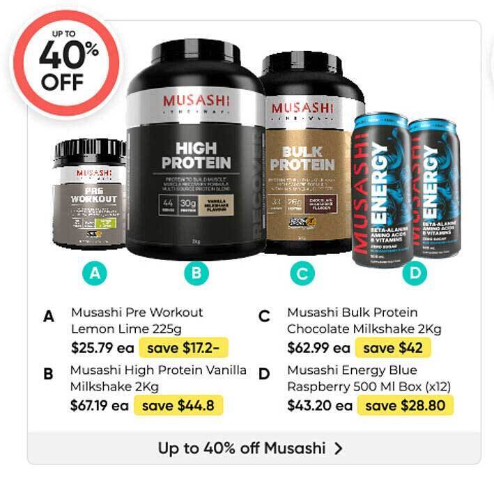 Musashi pre workout lemon lime, musashi high protein vanilla milkshake