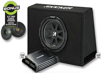 Autobarn Kicker 10” subwoofer in slim enclosure plus amplifier & wiring kit offer