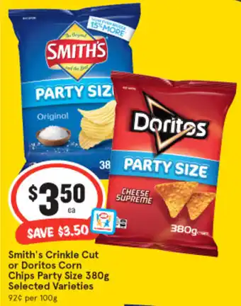IGA Smith's Crinkle Cut or Doritos Corn Chips Party Size 380g offer