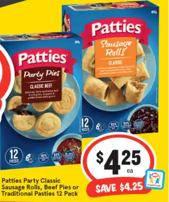 IGA Patties Party Classic Sausage Rolls, Beef Pies or Traditional Pasties 12 Pack offer