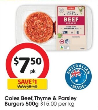 Coles Coles Beef, Thyme & Parsley Burgers 500g offer