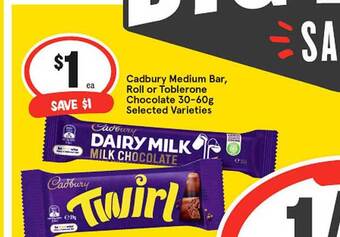 IGA Cadbury medium bar roll or toblerone chocolate offer
