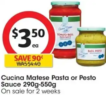 Coles Cucina Matese Pasta or Pesto Sause 290g-550g offer