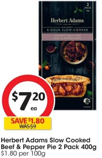 Coles Herbert Adams Slow Cooked Beef & Pepper Pie 2 Pack 400g offer