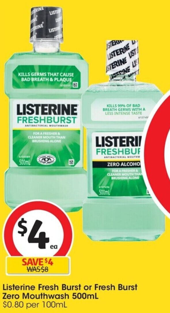 Listerine Fresh Burst or Fresh Burst Zero Mouthwash 500mL offer at Coles