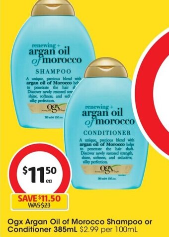 Coles Ogx Argan Oil of Morocco Shampoo or Conditioner 385mL offer
