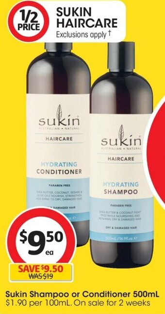 Coles Sukin Shampoo or Conditioner 500mL offer