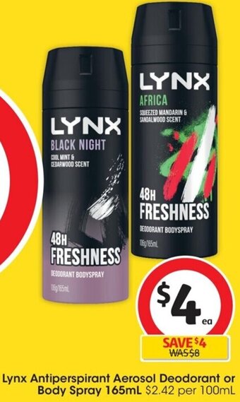 Coles Lynx Antiperspirant Aerosol Deodorant or Body Spray 165mL offer